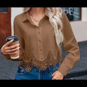 SHEIN Brown Lace Trim Blouse